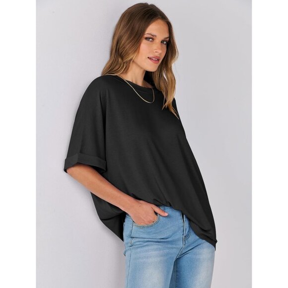 💫 Women Casual Loose Basic Tee Shirt Black Short Sleeve Trendy Fashion Tops - Picture 7 of 8